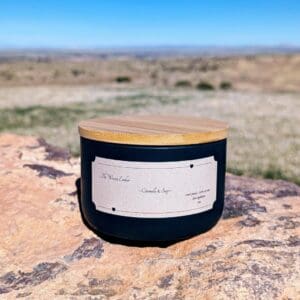 Black candle on rock with scenic background.